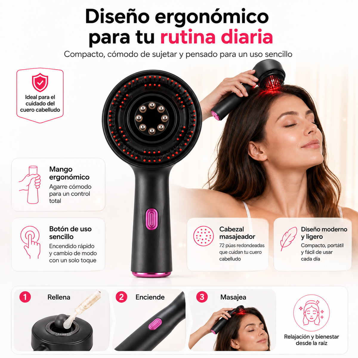 LumiScalp Pro™ – Masajeador Capilar con Luz Roja y Aplicador de Sérum