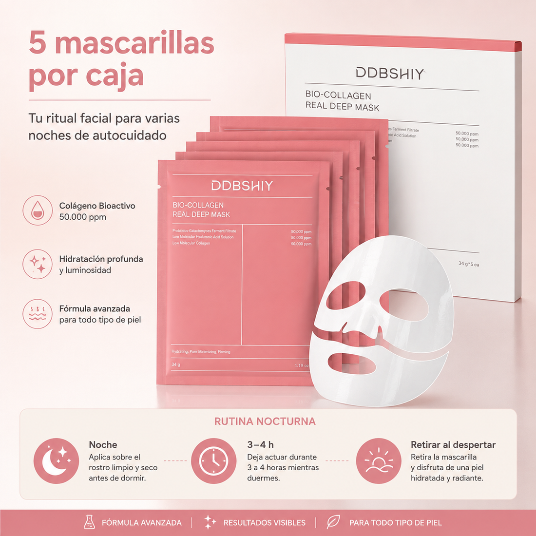 5 mascarillas por caja bio-collagen real deep mask
