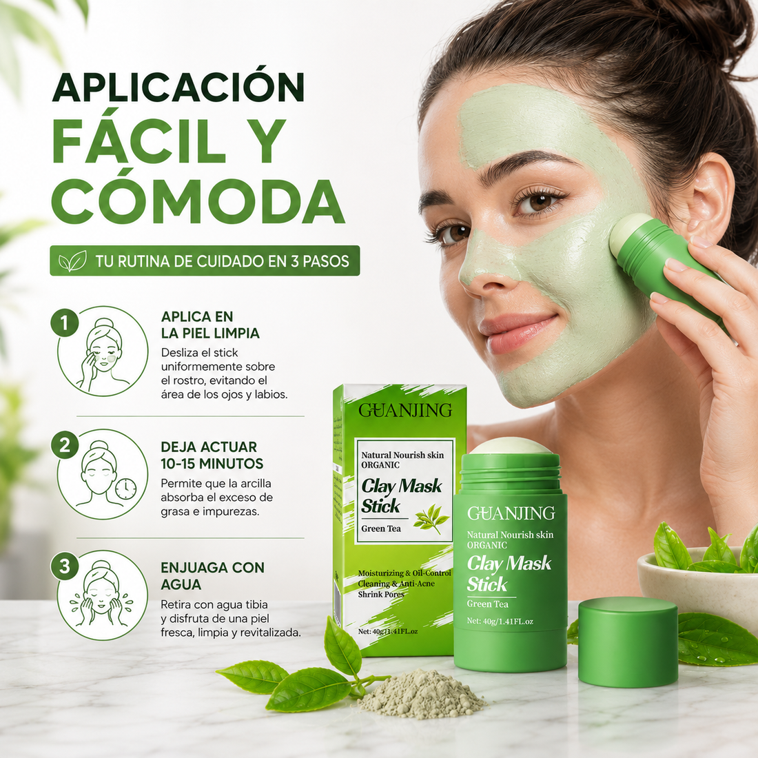 Mascarilla facial de té verde y arcilla para piel más fresca y limpia