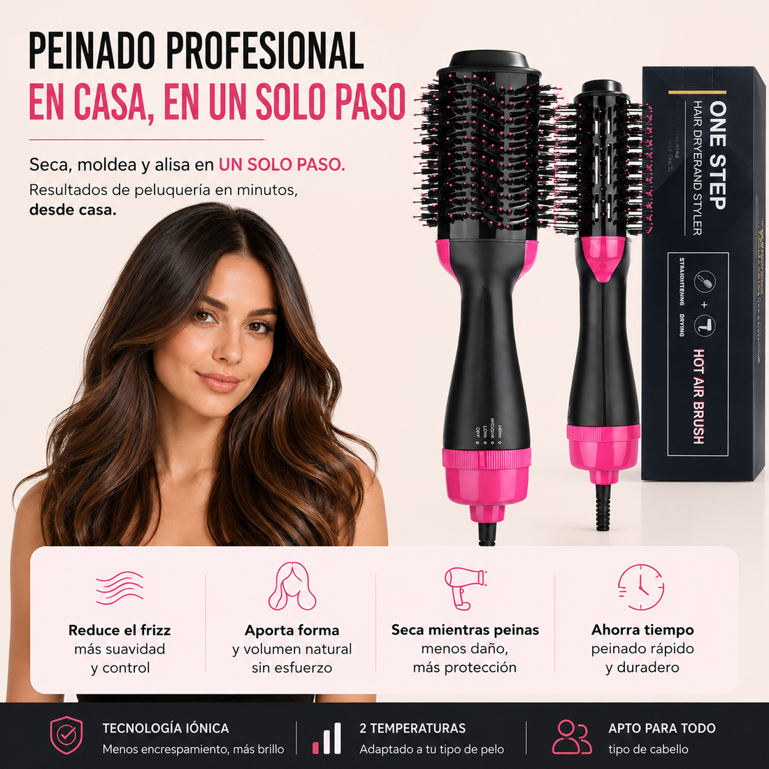 Cepillo secador para reducir el encrespamiento y peinar el cabello