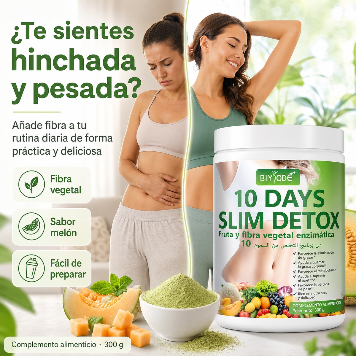 SlimFiber 10™ – Batido de Fibra Vegetal Sabor Melón | 300 g