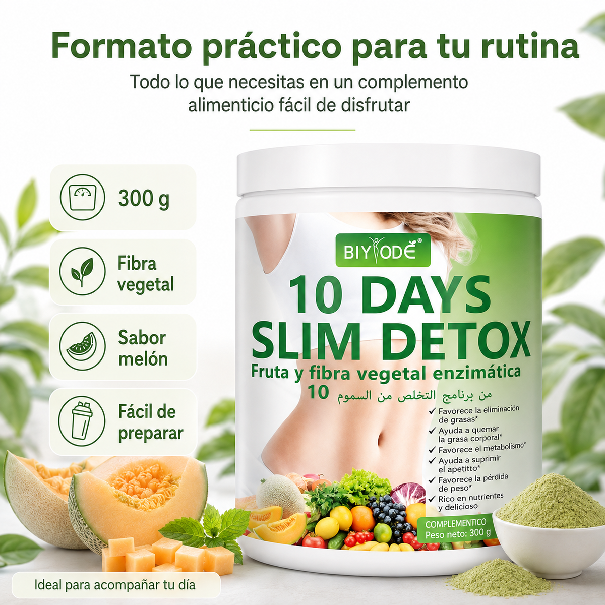 SlimFiber 10™ – Batido de Fibra Vegetal Sabor Melón | 300 g
