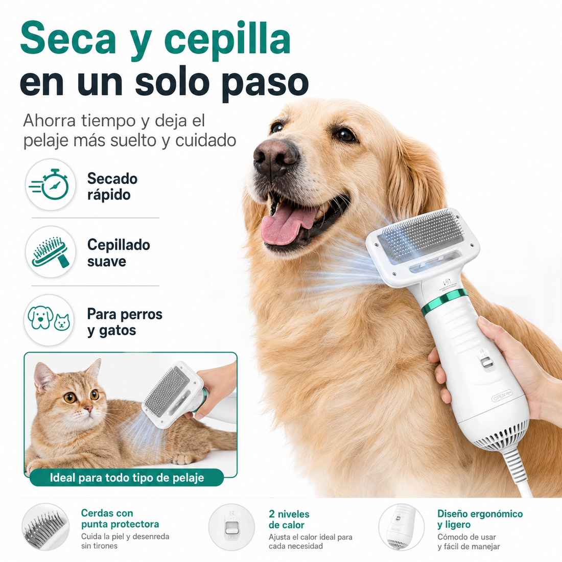 Cepillo secador 2 en 1 para mascotas