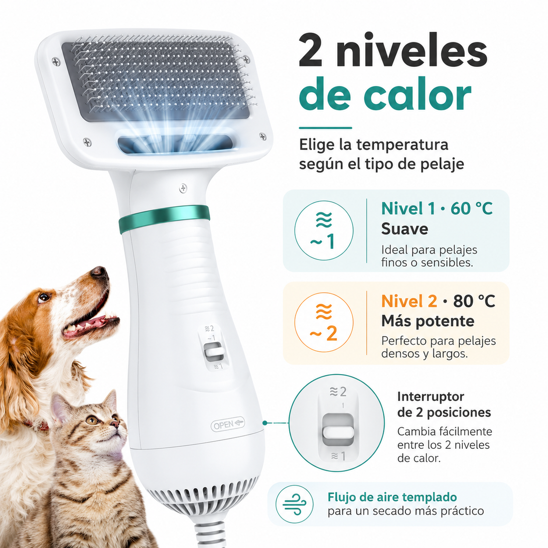 Cepillo secador para mascotas con 2 niveles de calor