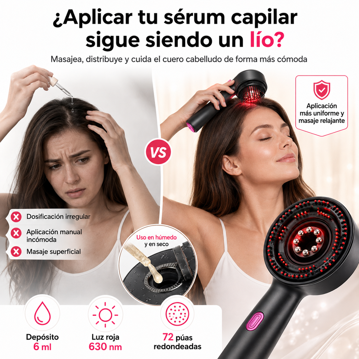 LumiScalp Pro™ – Masajeador Capilar con Luz Roja y Aplicador de Sérum