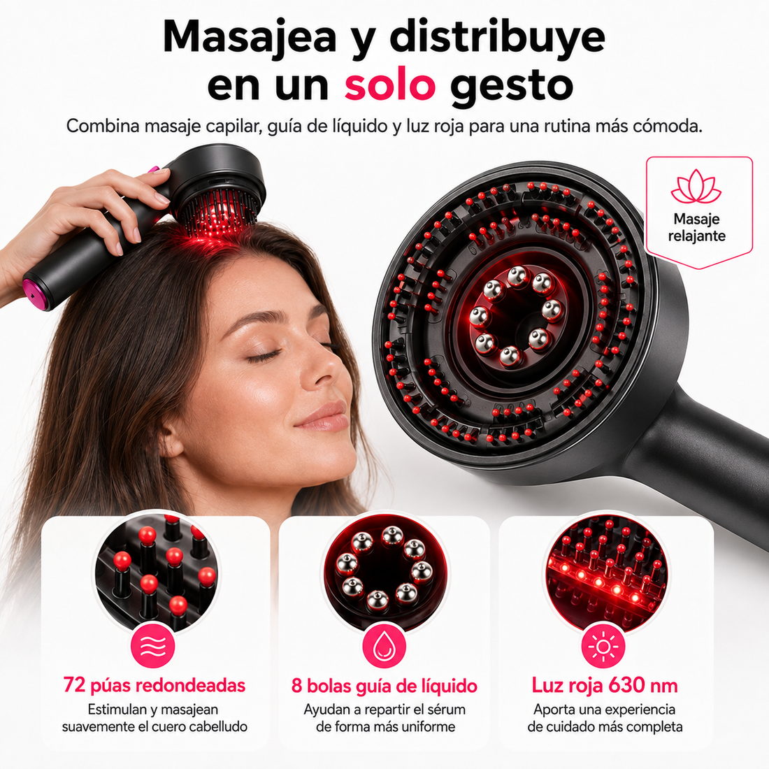 Cepillo masajeador capilar con luz roja